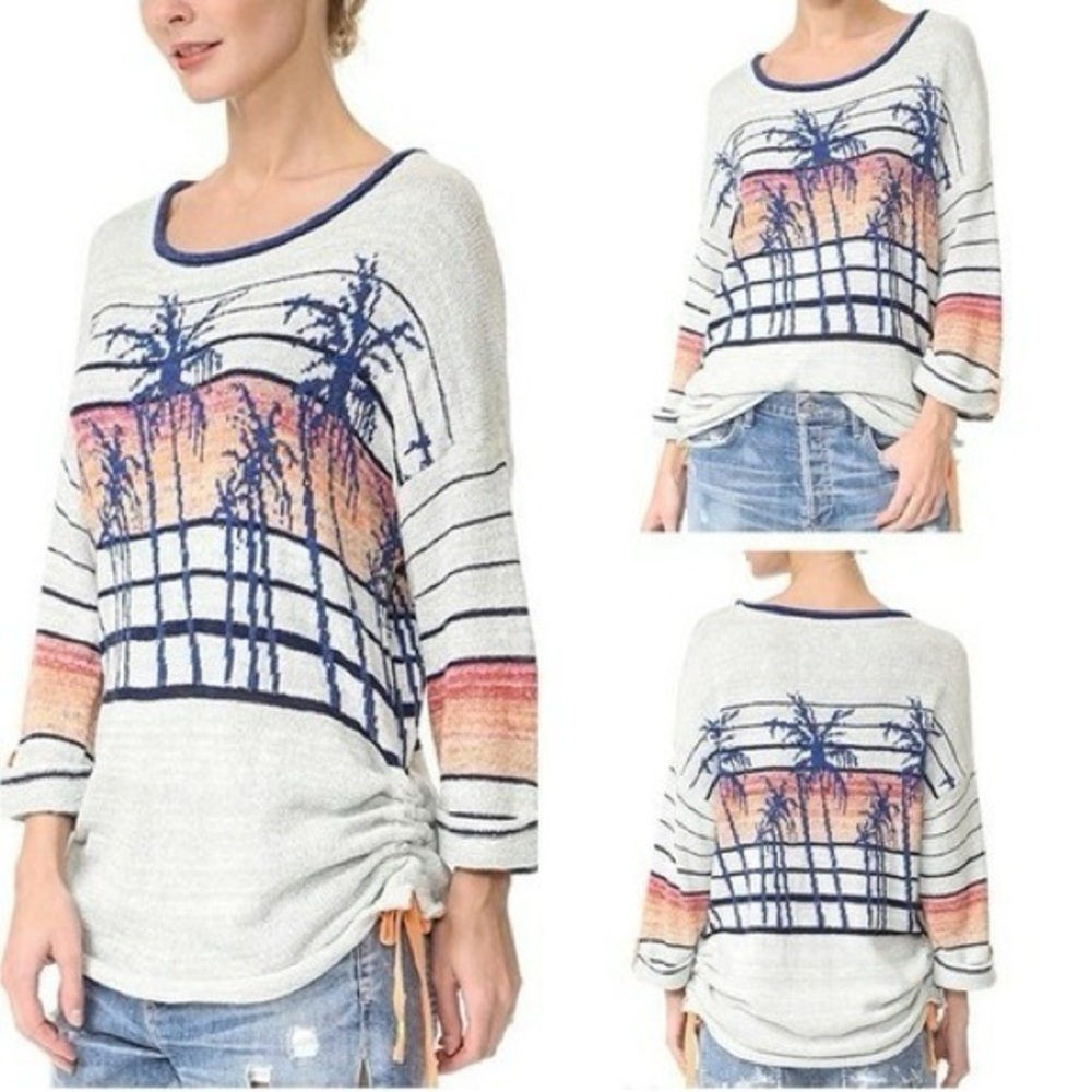 Free People Palm Tree Breeze Sunset Knit Sky Sweater Ruched Side Ties Size XS